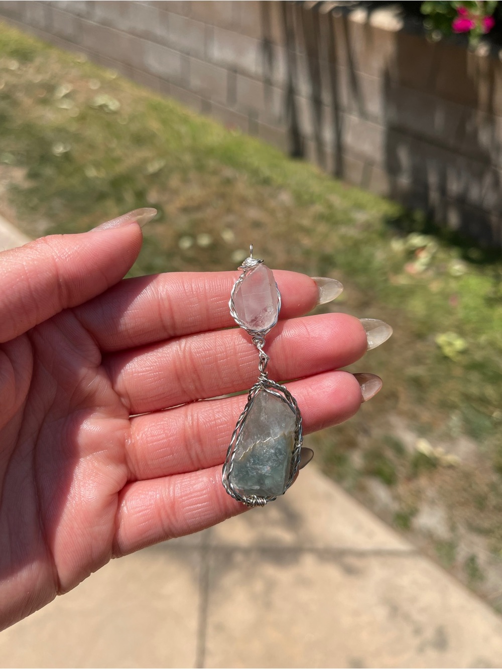 Silver Wire Wrapped Green Fluorite + Clear Quartz Pendant